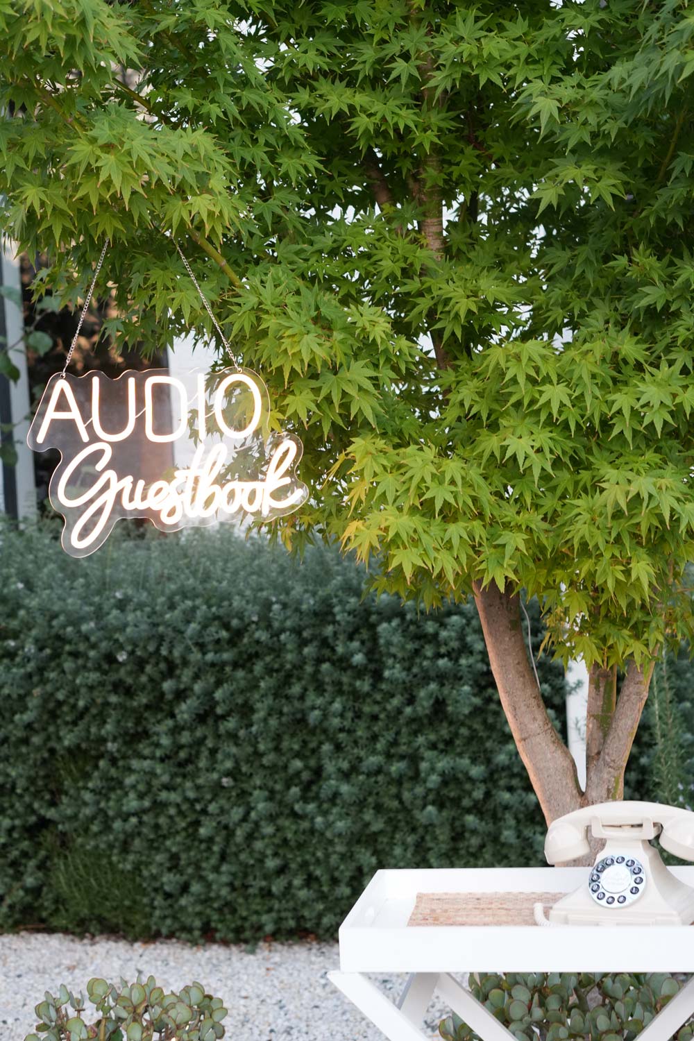 An old style telephone sitting on a table underneath a green tree