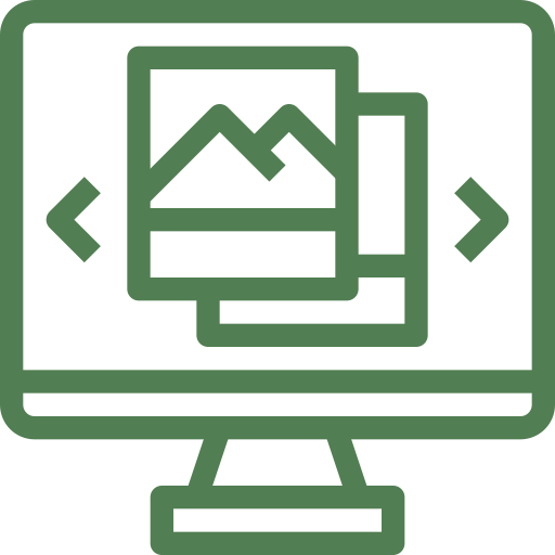Green icon of a computer monitor with a mountain graphic on the screen